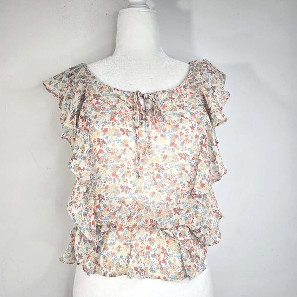 Vintage Nostalgic 90s Y2K Taupe Yellow Ditsy Floral Ruffle Sleeve Peplum Top